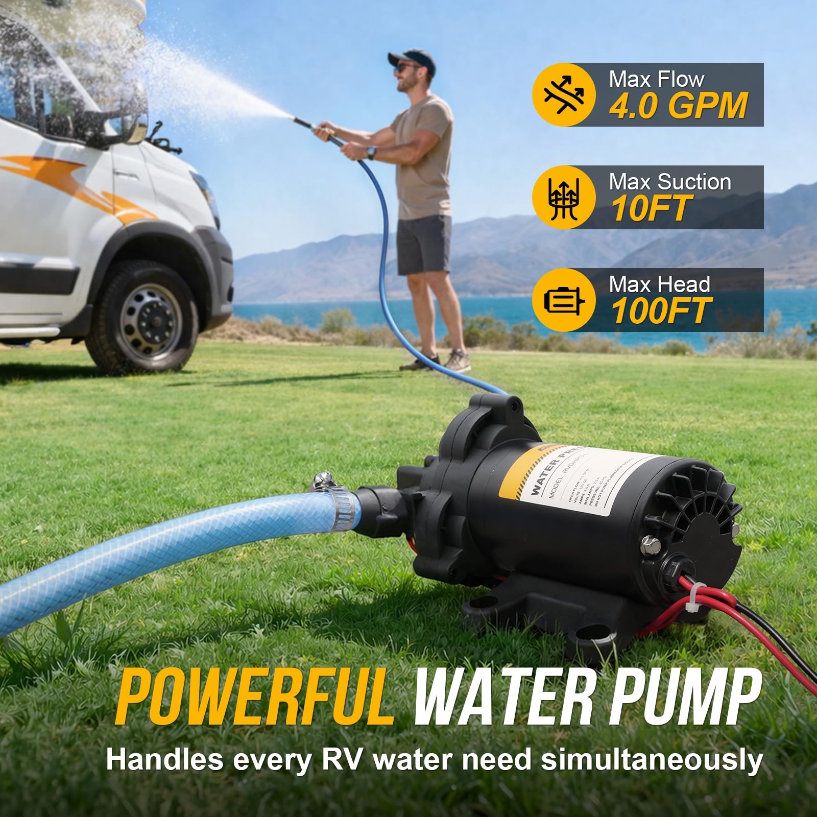12V RV Water Pump, 4.0 GPM 45 PSI Diaphragm Pump, 12Volt Quiet Fresh Water Pu…