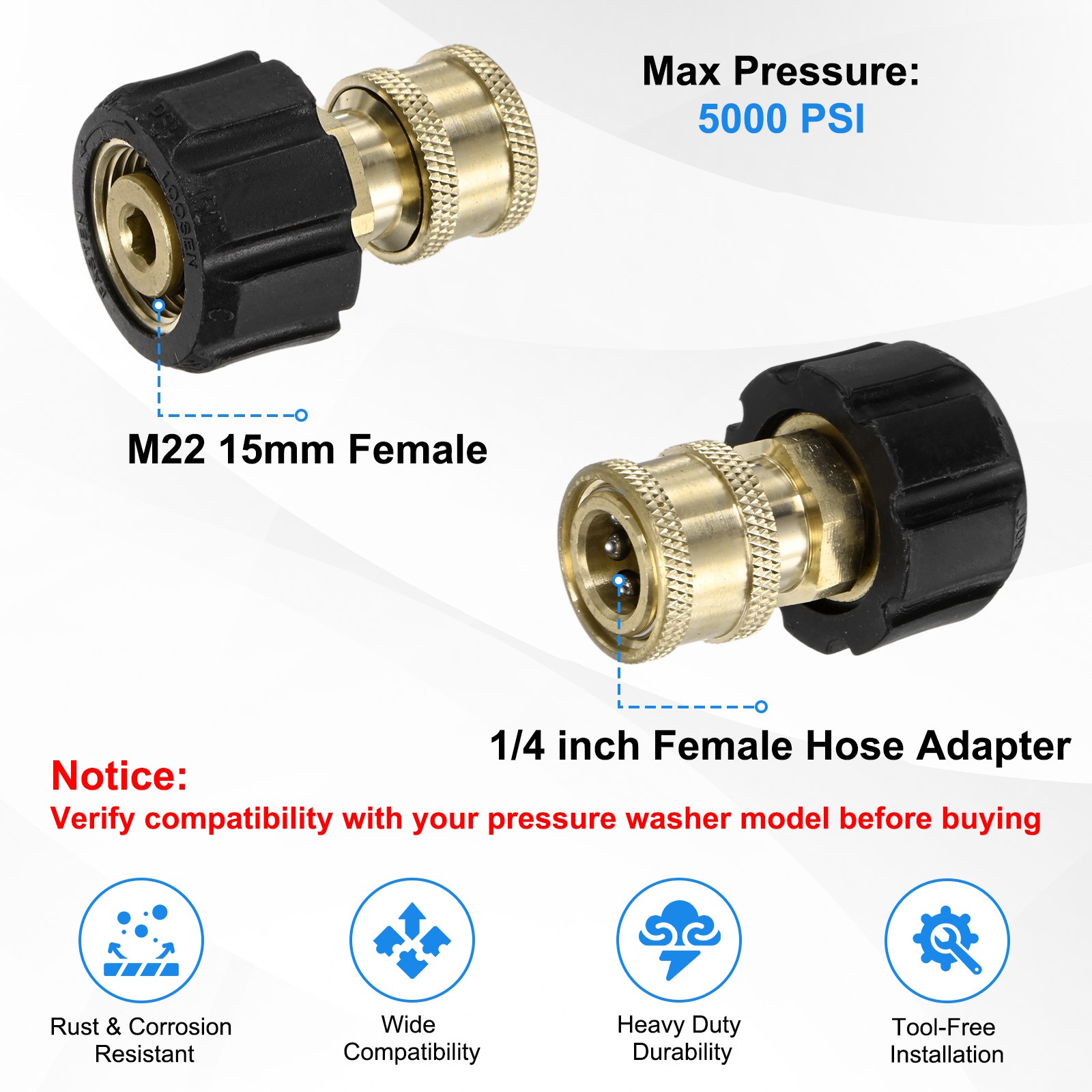 1-Pack M22 15mm Female to 1/4 Inch Female Pressure Washer Quick Connect Fittings