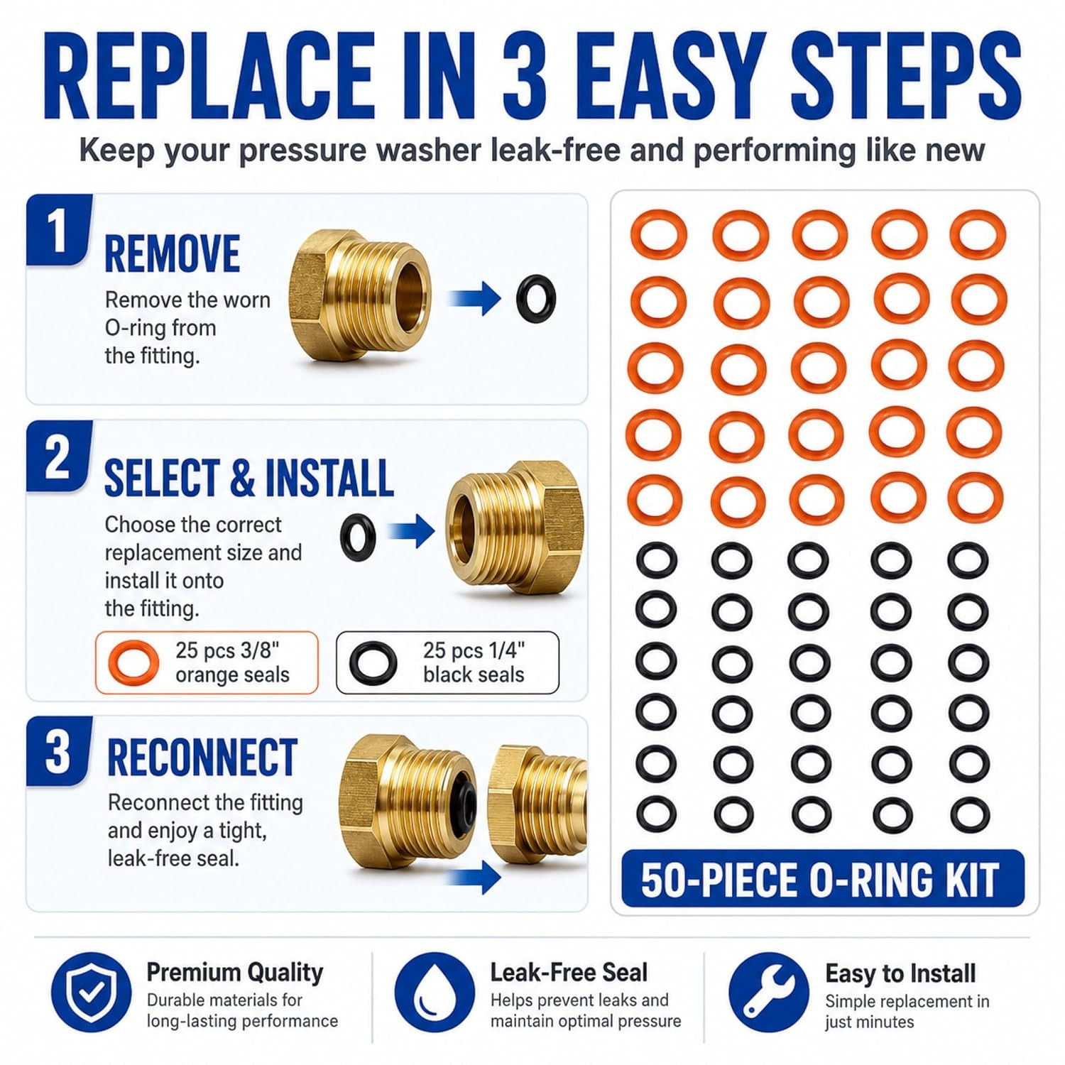 50-Piece Pressure Washer O-Ring Kit, 1/4″ & 3/8″ NBR Rubber Replacement Seals fo