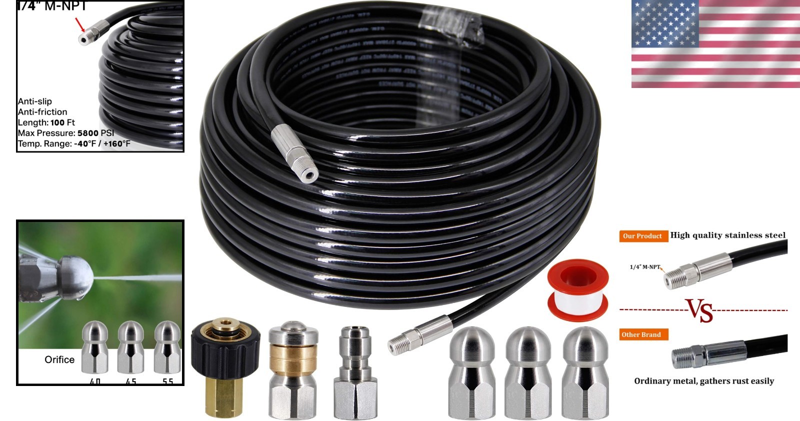 Pressure Washer Sewer Jetter Kit 100 ft Hose Nozzle Replacement