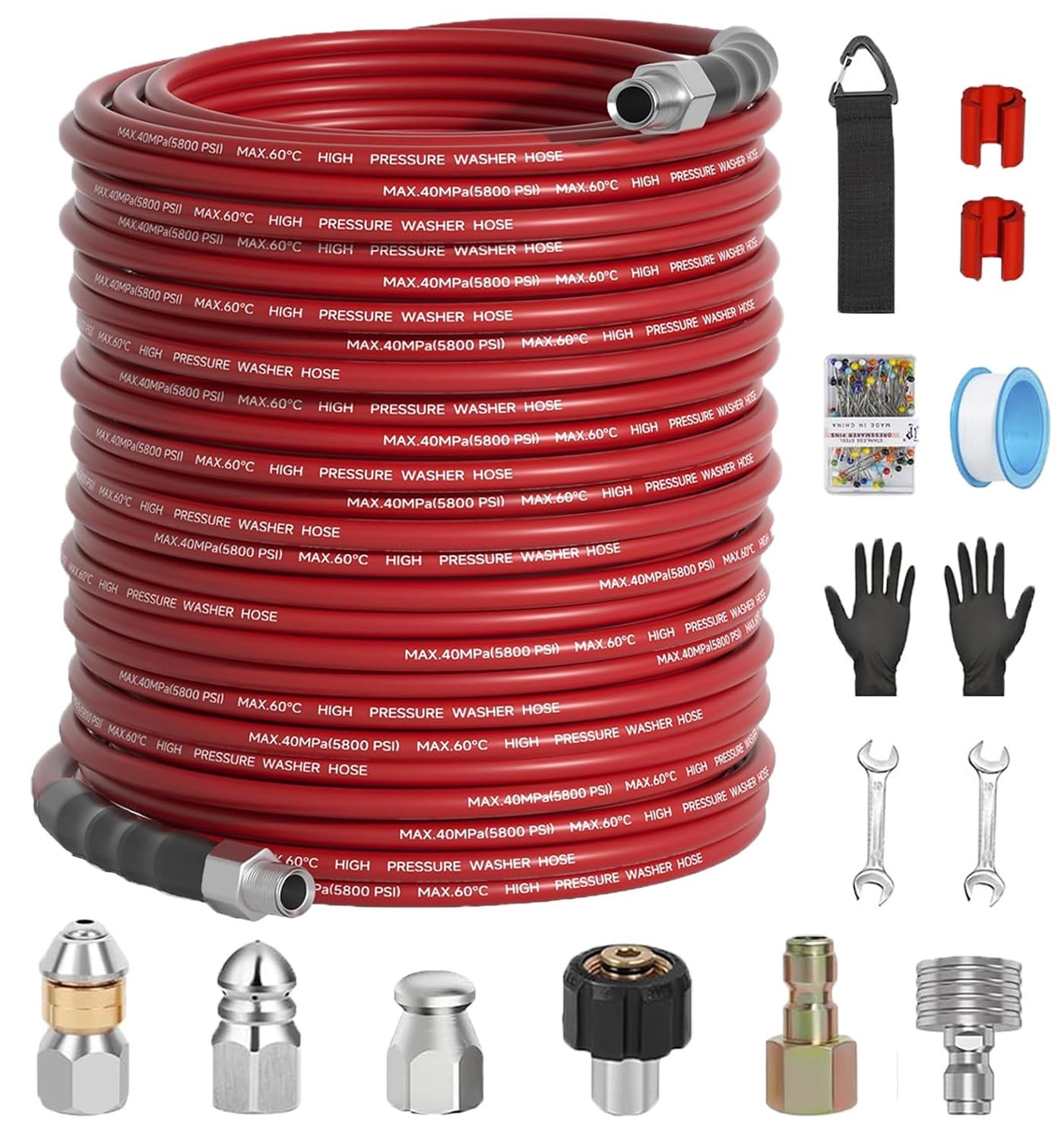 150FT Sewer Jetter Kit for Pressure Washer 5800PSI,1/4″ NPT Drain Jetter Hose…