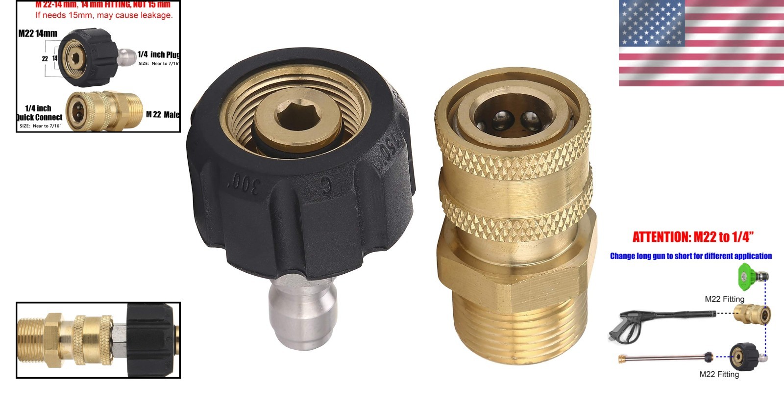 Heavy-Duty M22 to 1/4″ Quick Connect Pressure Washer Adapter Set, 3 Pieces