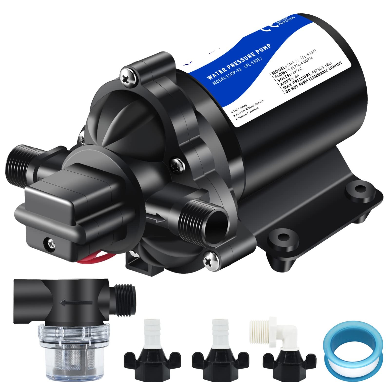 12V RV Water Pressure Pump – Self Priming, 50psi, 4gpm On Demand Pump for Kit…