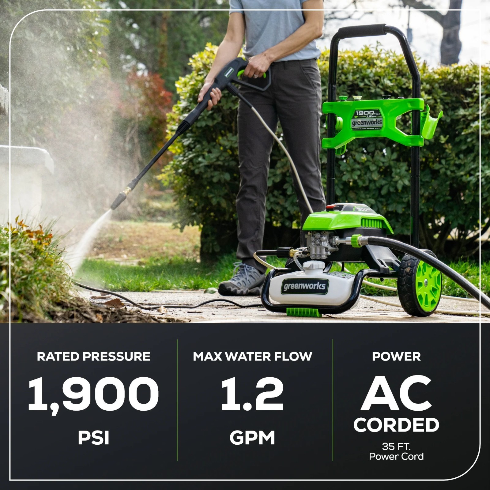 Greenworks 1900 PSI 1.2 GPM Electric Pressure Washer 25ft Hose w/4 Nozzles