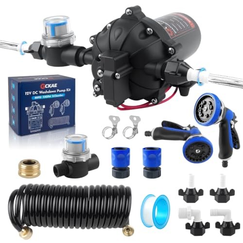 12V DC Washdown Pump Kit with 80 PSI 7.5 GPM, 5-Chamber Self Priming Diaphragm