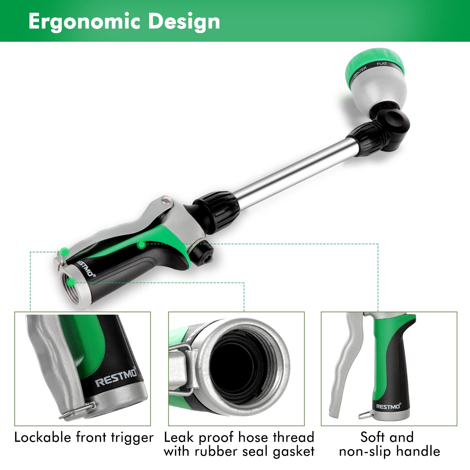 RESTMO Metal Watering Wand, Heavy Duty Garden 16 inch – 180° Swivel, Green