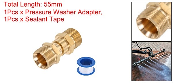 M22 14mm Male to M22 14mm Male 55mm Brass Fitting Pressure Washer Adapter w Tape