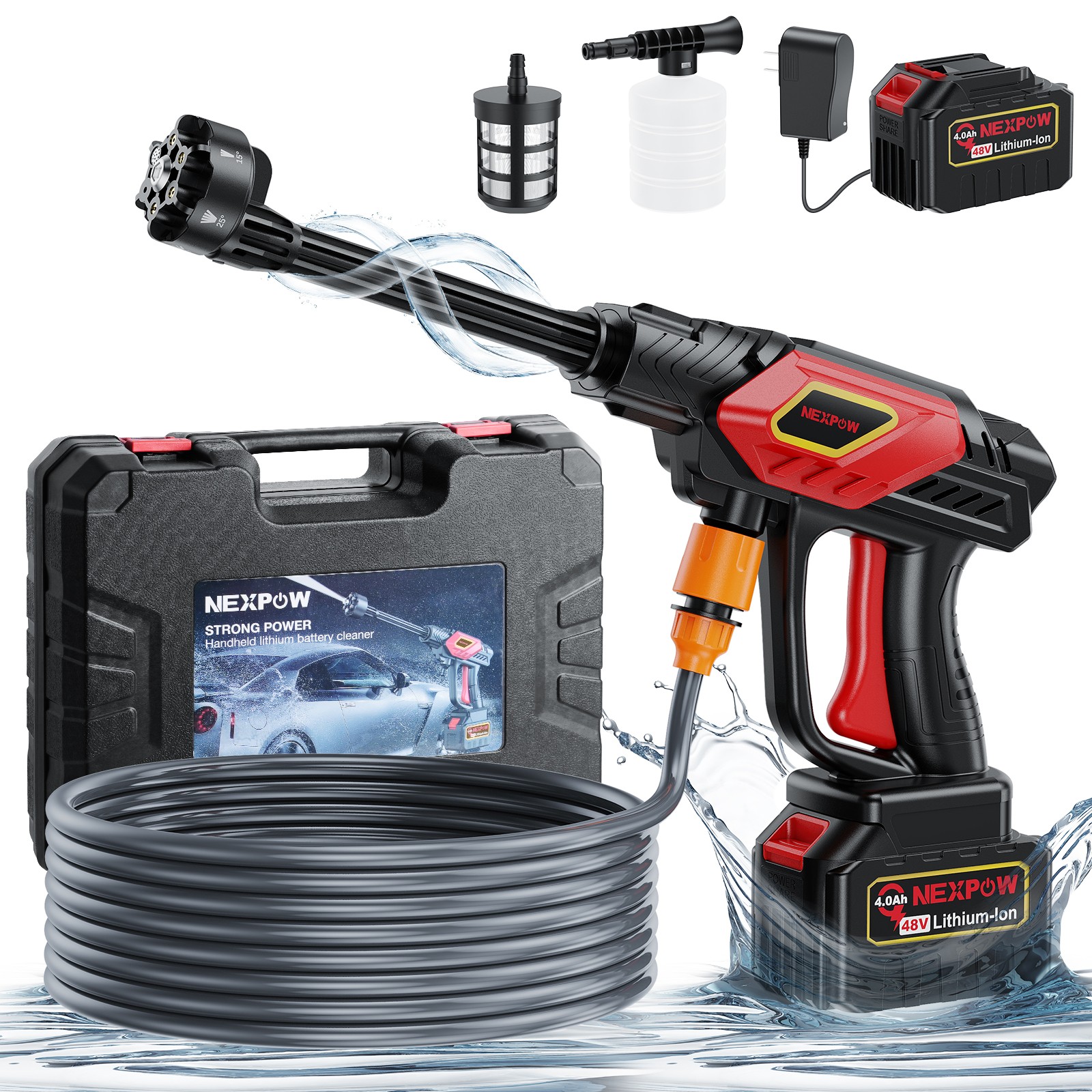 NEXPOW 48V Cordless Pressure Washer 1000 PSI 2.4 GPM 50Min 6-in-1 Nozzle