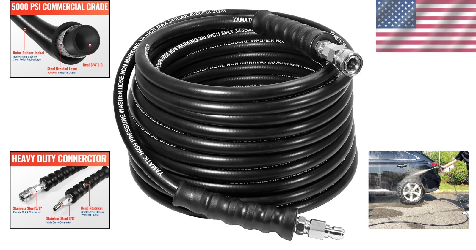 High-Strength Pressure Washer Hose 50FT Black Rubber Steel