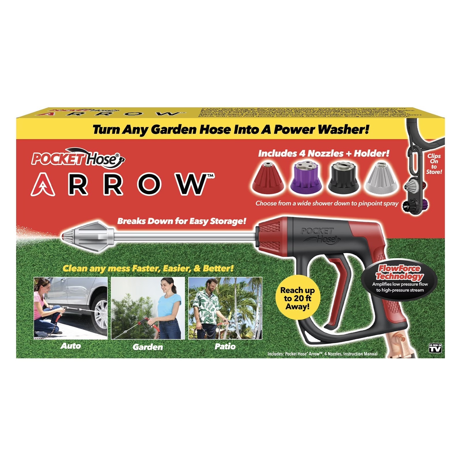 Pocket Hose Arrow Power Washer Garden Hose Nozzle Jet Spray Gun 4 Tips Cleaner
