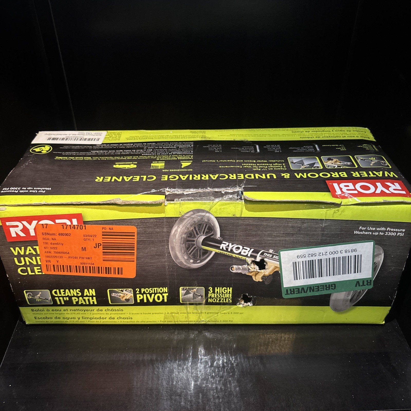 NEW OPEN BOX! RYOBI PRESSURE WASHER 11” WATER BROOM FLAT & UNDERCARRIAGE CLEANER