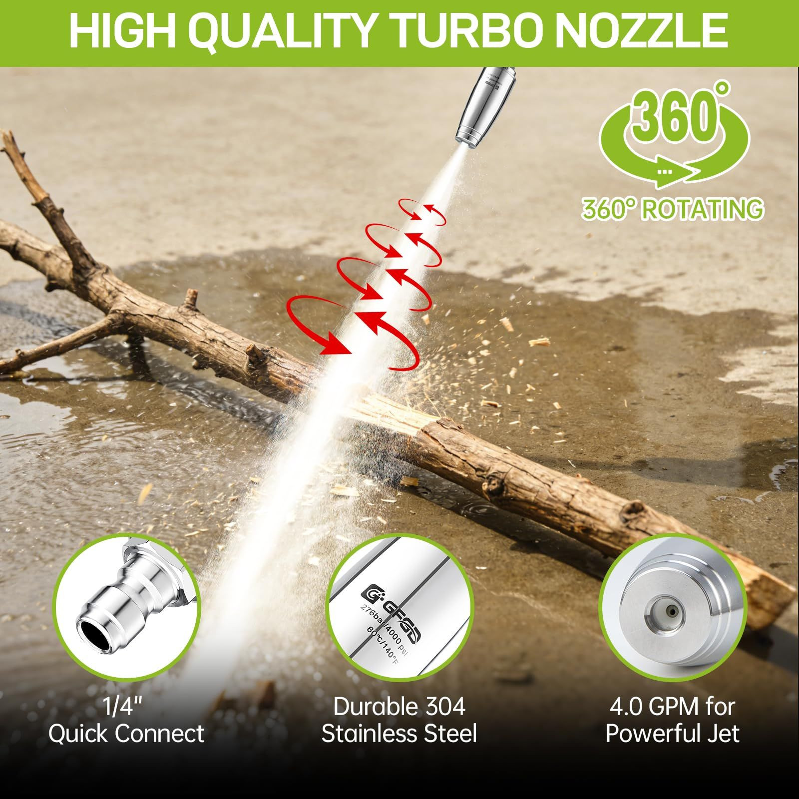 GFGD Stainless Steel Turbo Nozzle Pressure Washer 4000 PSI, 360° Rotating…