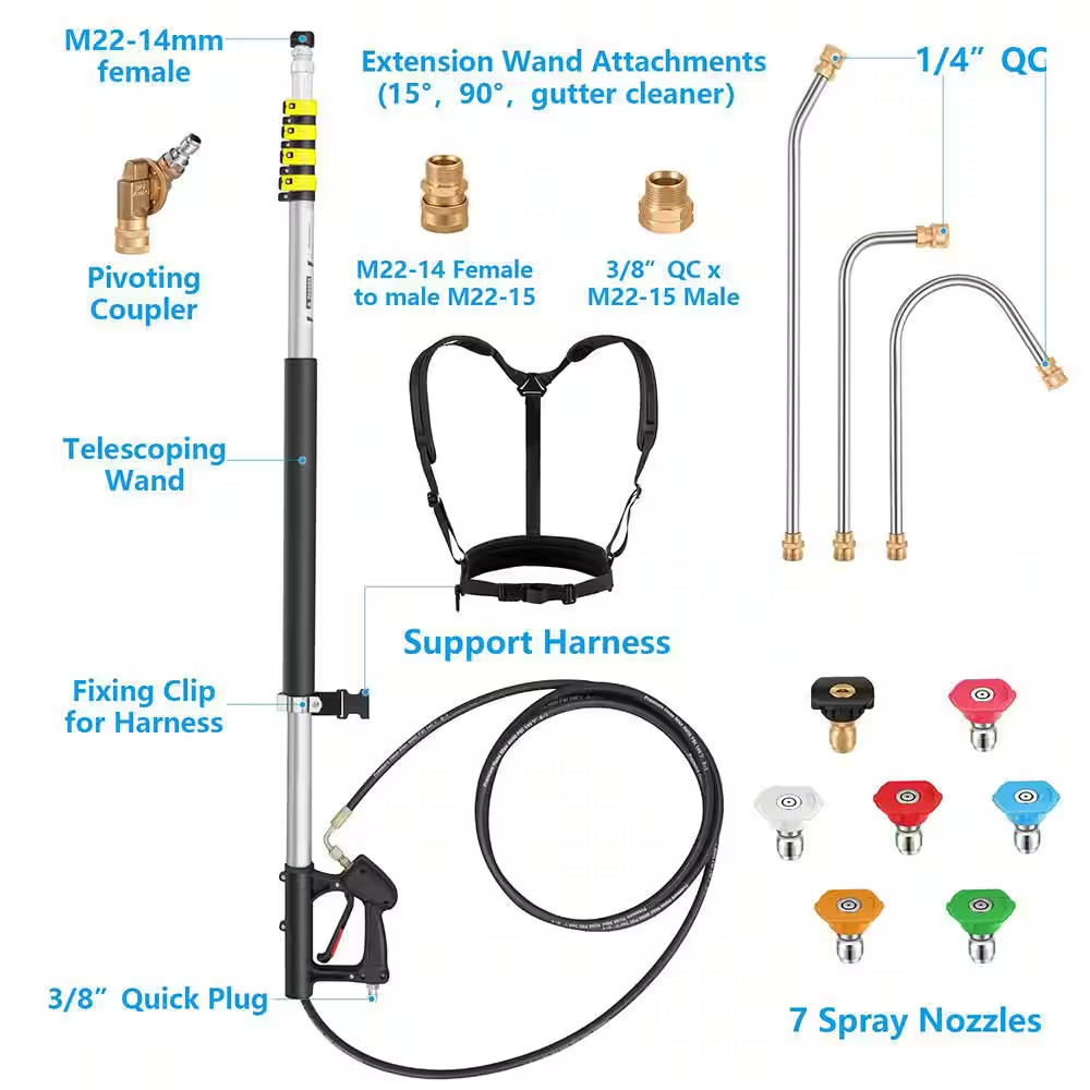 24 Ft. Telescoping Pressure Washer Sprayer Wand Aluminum Extension Pole with 7 N