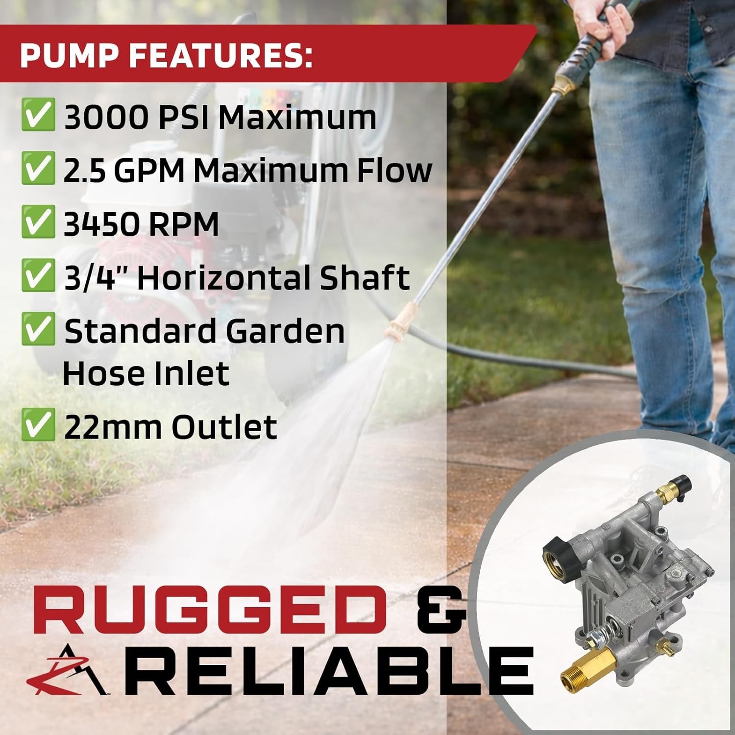 Troy-Bilt Compatible Power Pressure Washer Pump, 3000 PSI, 2.5 GPM Flow Rate