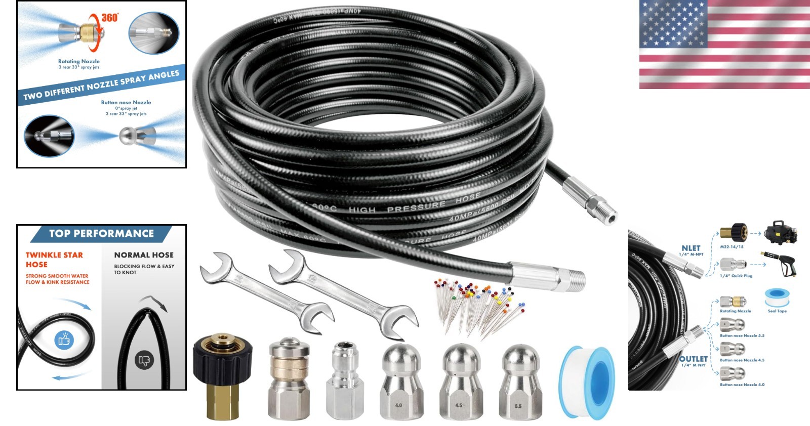Versatile 50FT Pressure Washer Hose with 3 Jet Nozzles – 5800 PSI Strength