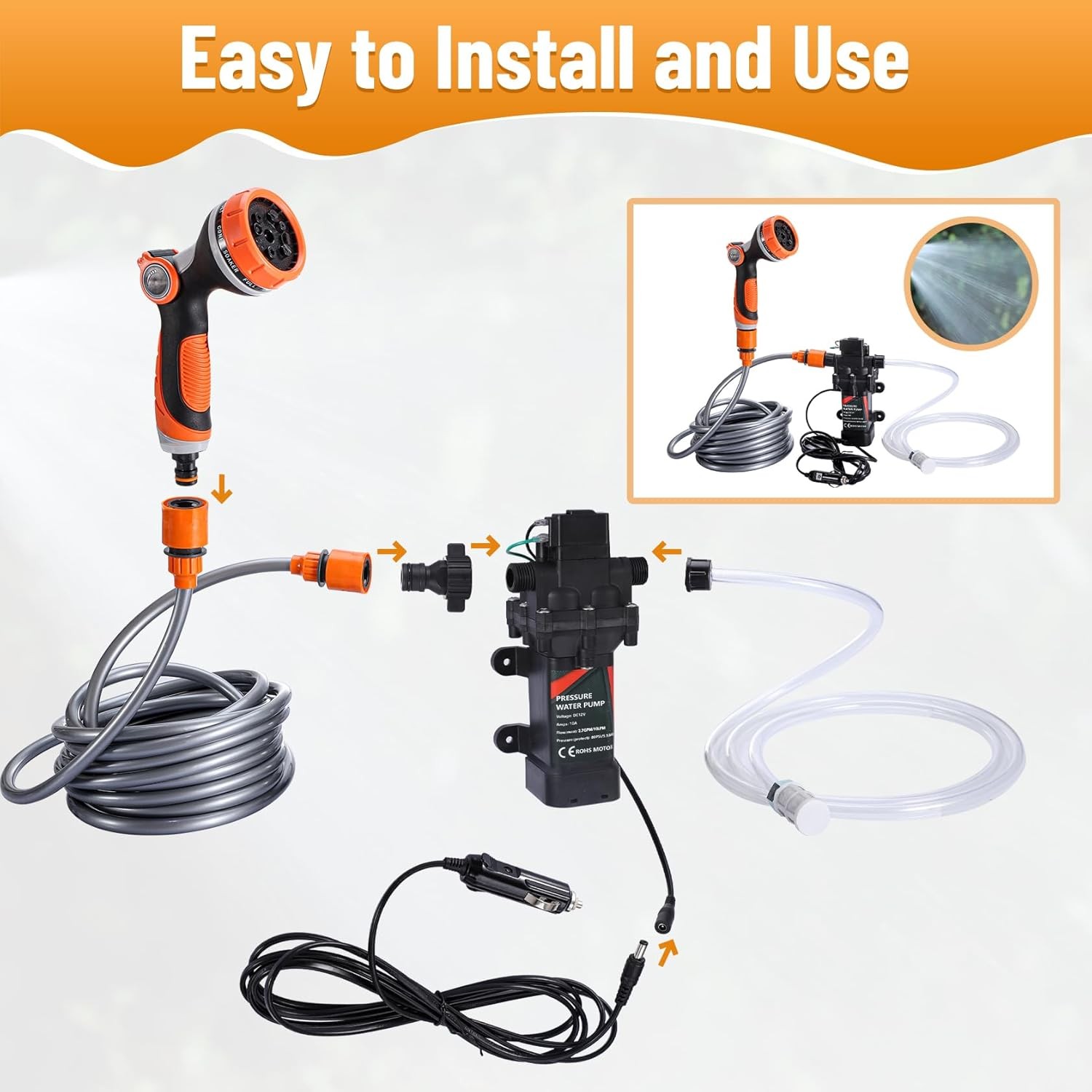12V 120WIntelligentPortablePressureWasher Pump 80PSI Car Home Garden CleaningKit