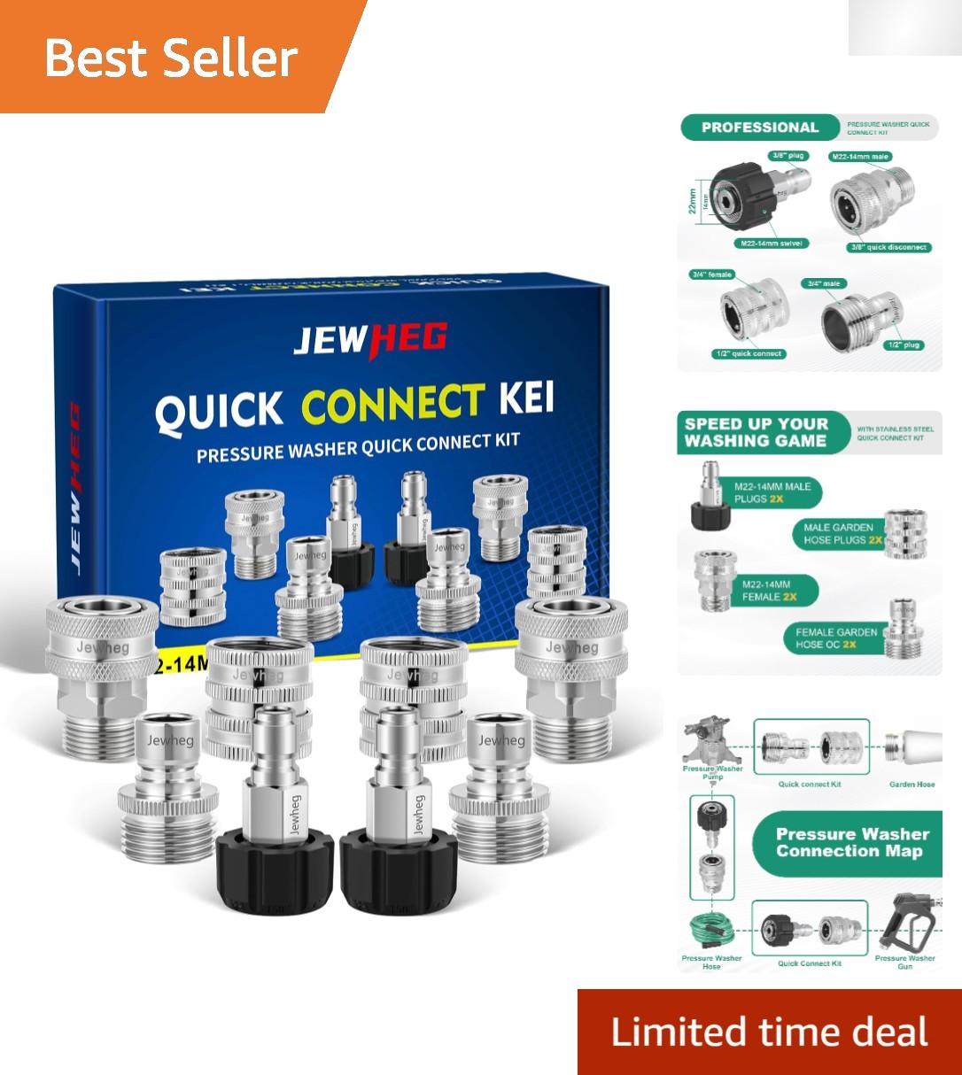 Stainless Steel 10-Piece Pressure Washer Quick Connect Set – M22 14mm & 3/8 Inch