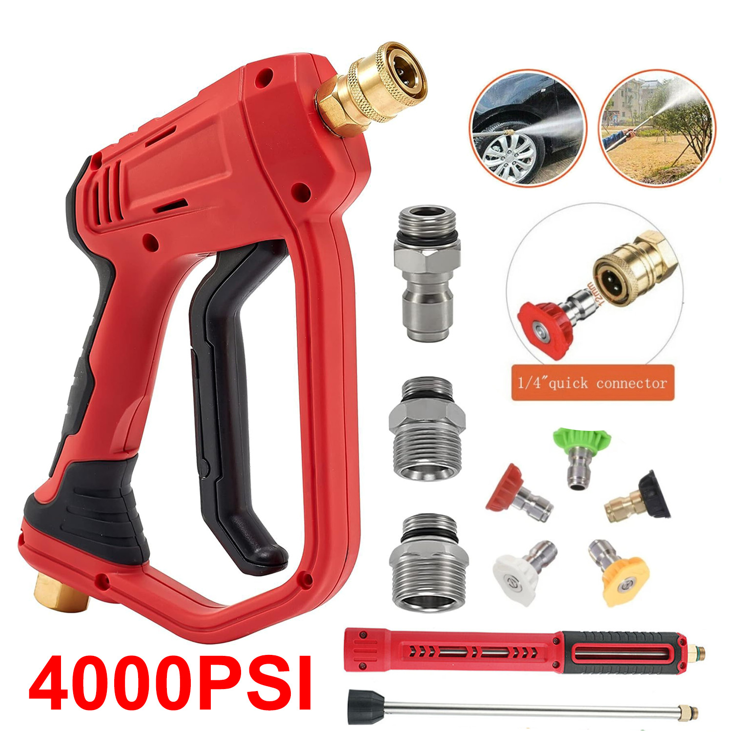High Pressure 4000PSI Car Power Washer Gun Spray Wand Lance 5 Nozzle Tool 1/4″
