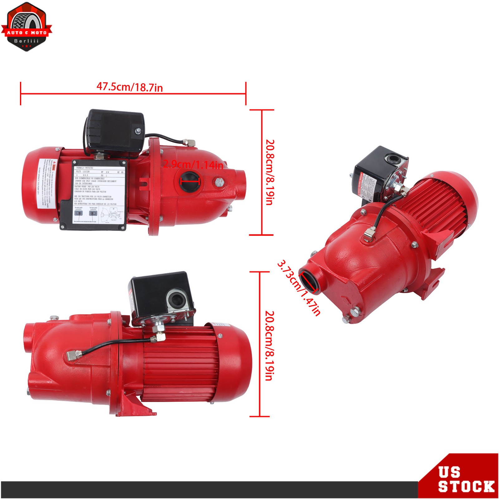Cast Iron Shallow Well Jet Pump 3/4 HP 13 GPM, 115/230V Dual Voltage, Red