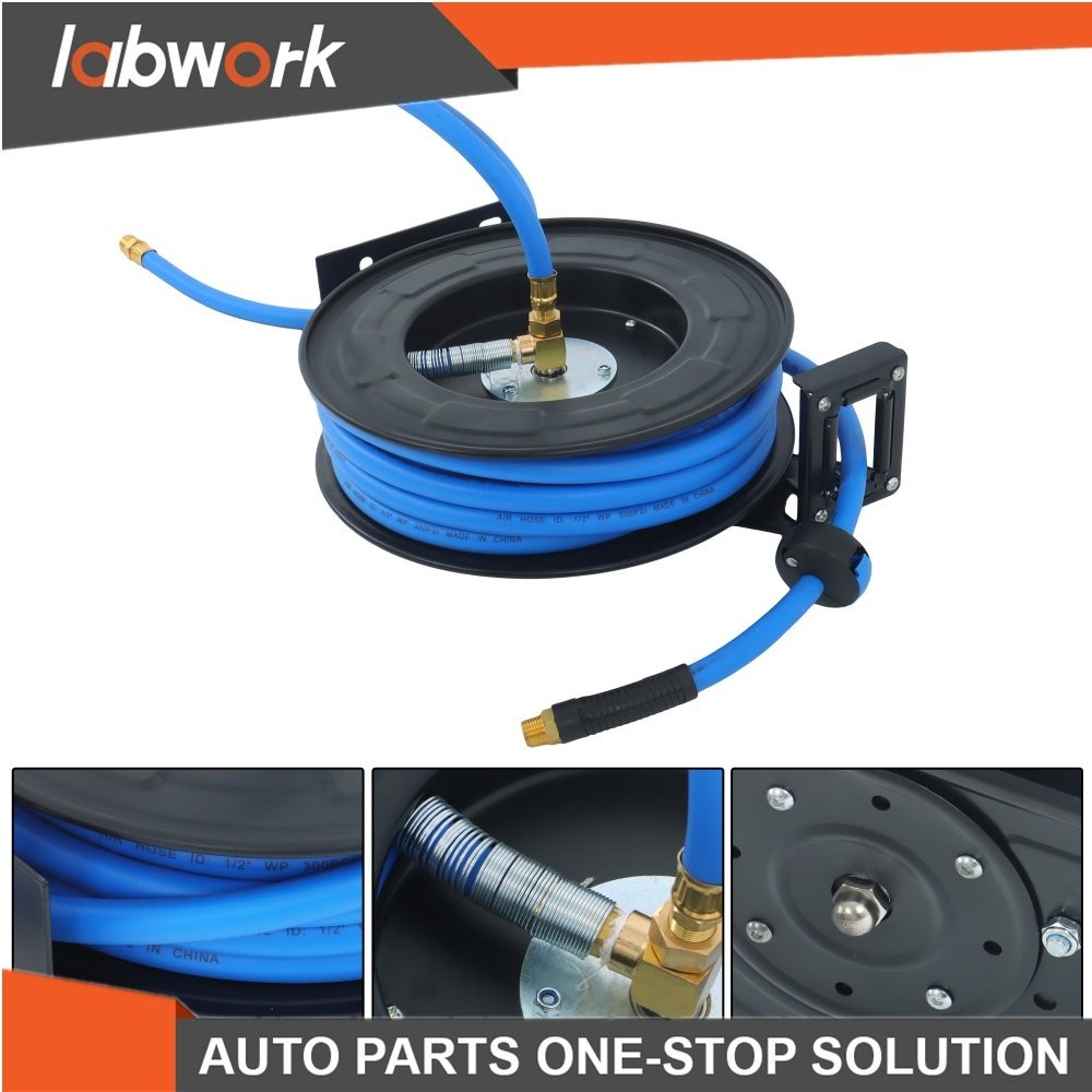 Labwork Double Arm Hose Reel With 1/2” x 50′ Premium Rubber Hose Retractable