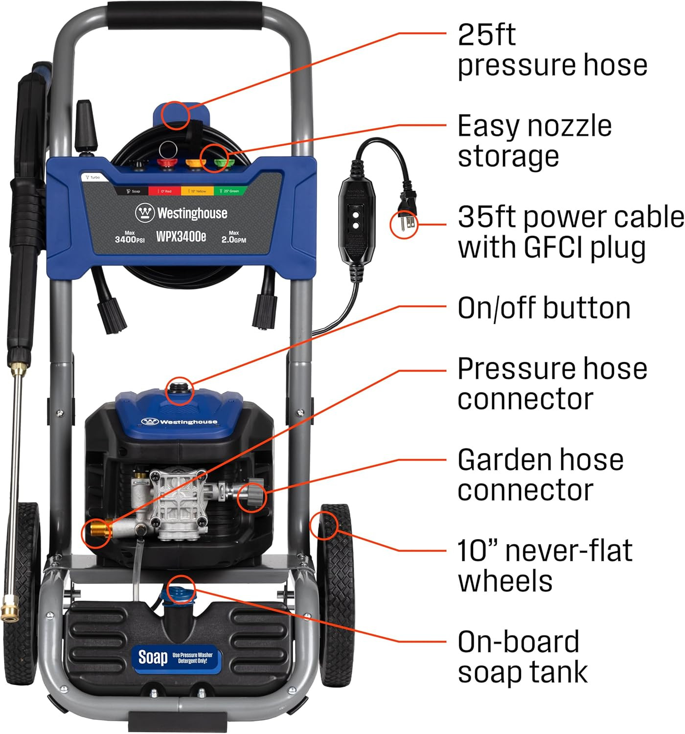 Westinghouse Wpx3400E Electric Pressure Washer, 3400 Max PSI and 2.0 Max GPM, Br