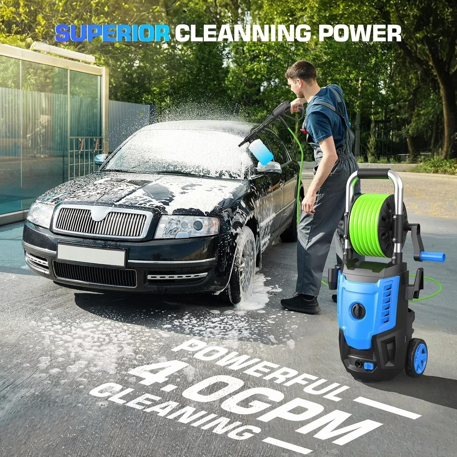 **4800 PSI Pressure Washer 33FT Hose 4 Nozzles Foam Cannon Home Car Patio Blue P