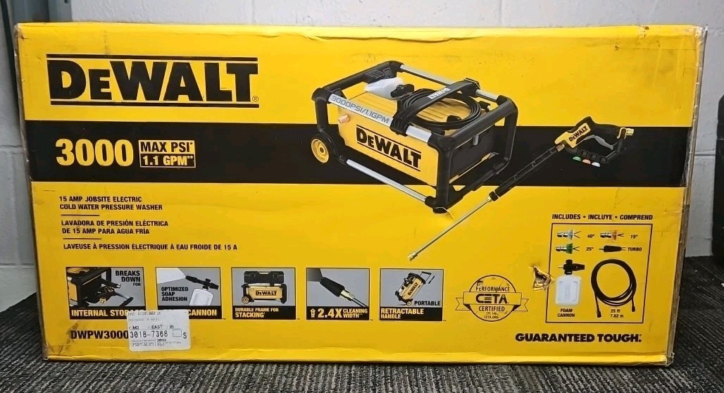 DeWalt Tools DWPW3000 15Amp Jobsite Electric Cold Water Pressure Washer