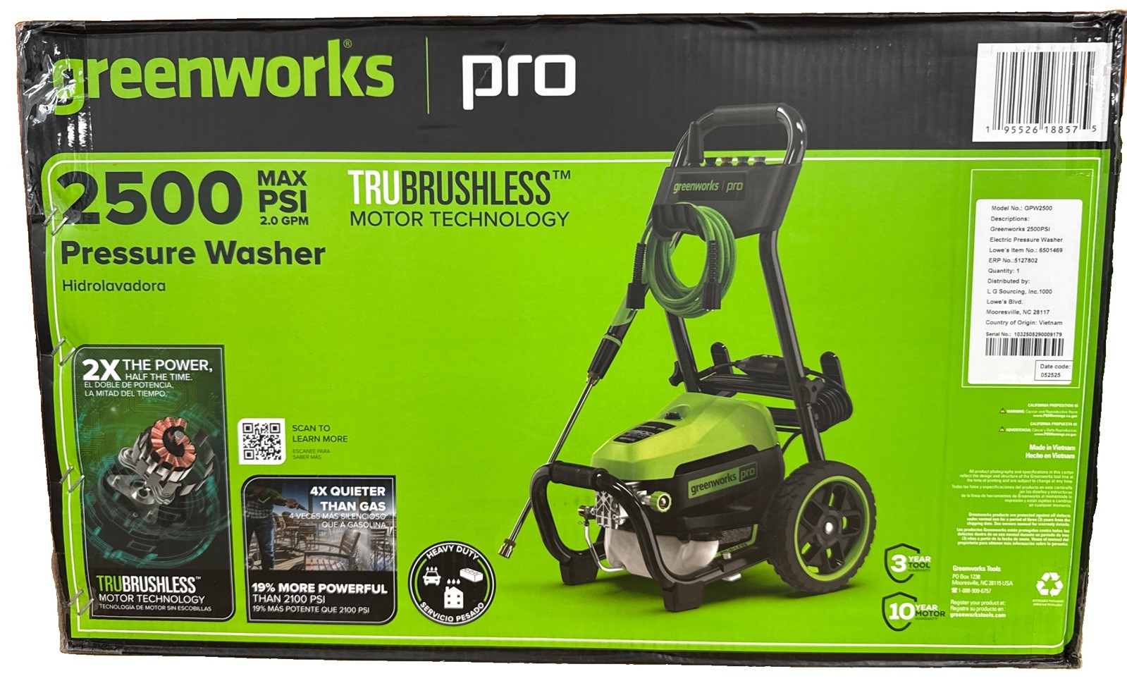 Greenworks Pro 2500 PSI Brushless Electric Pressure Washer GPI 2500 25ft HoseNEW