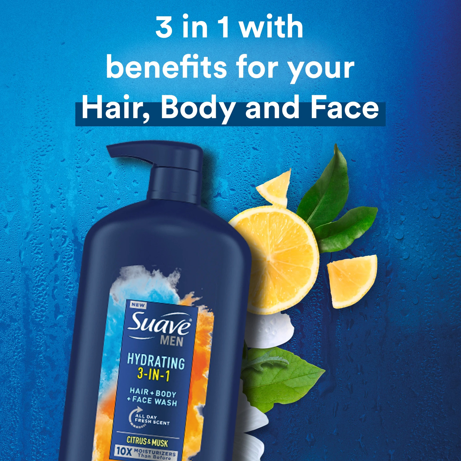 Men 3 in 1 Mens Body Wash, Hair, Face and Body Wash, Hydrating, Citrus & Musk, 3