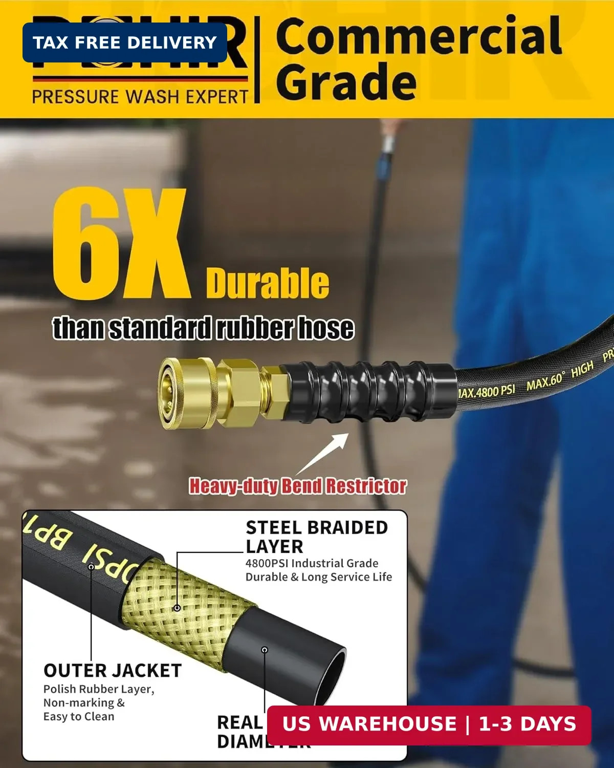 POHIR 3/8″ Pressure Washer Hose 100ft 4800PSI, Power Washer Hose Steel Wire Brai