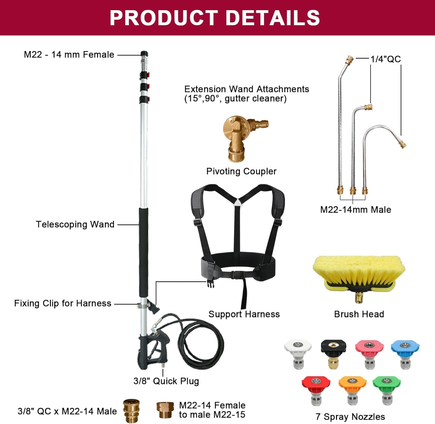 24 FT Telescoping Pressure Washer Wand with Pressure Washer Extension Wand,Brush