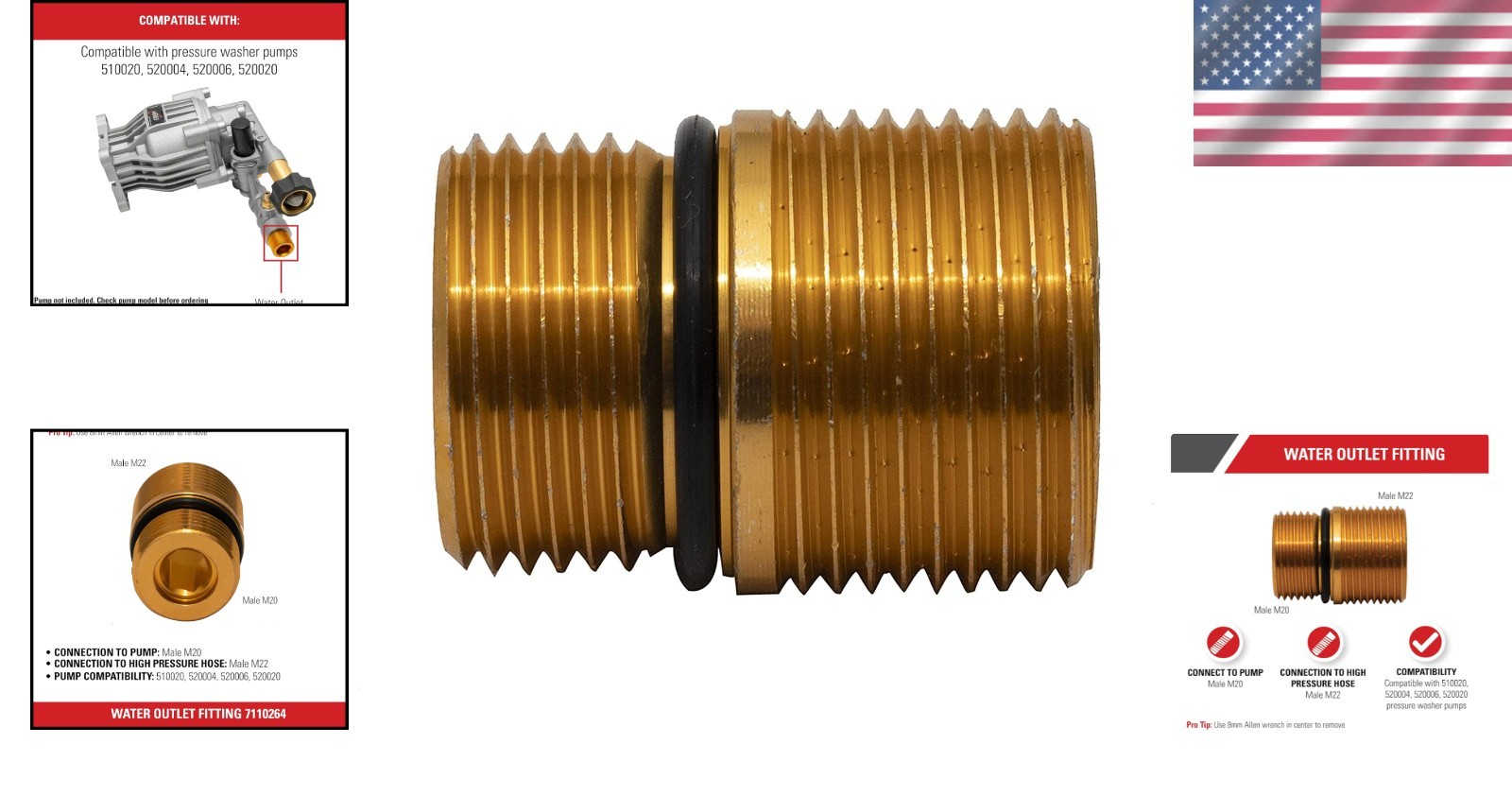 Anodized Aluminum Pressure Washer Outlet Fitting M20 to M22 Connector