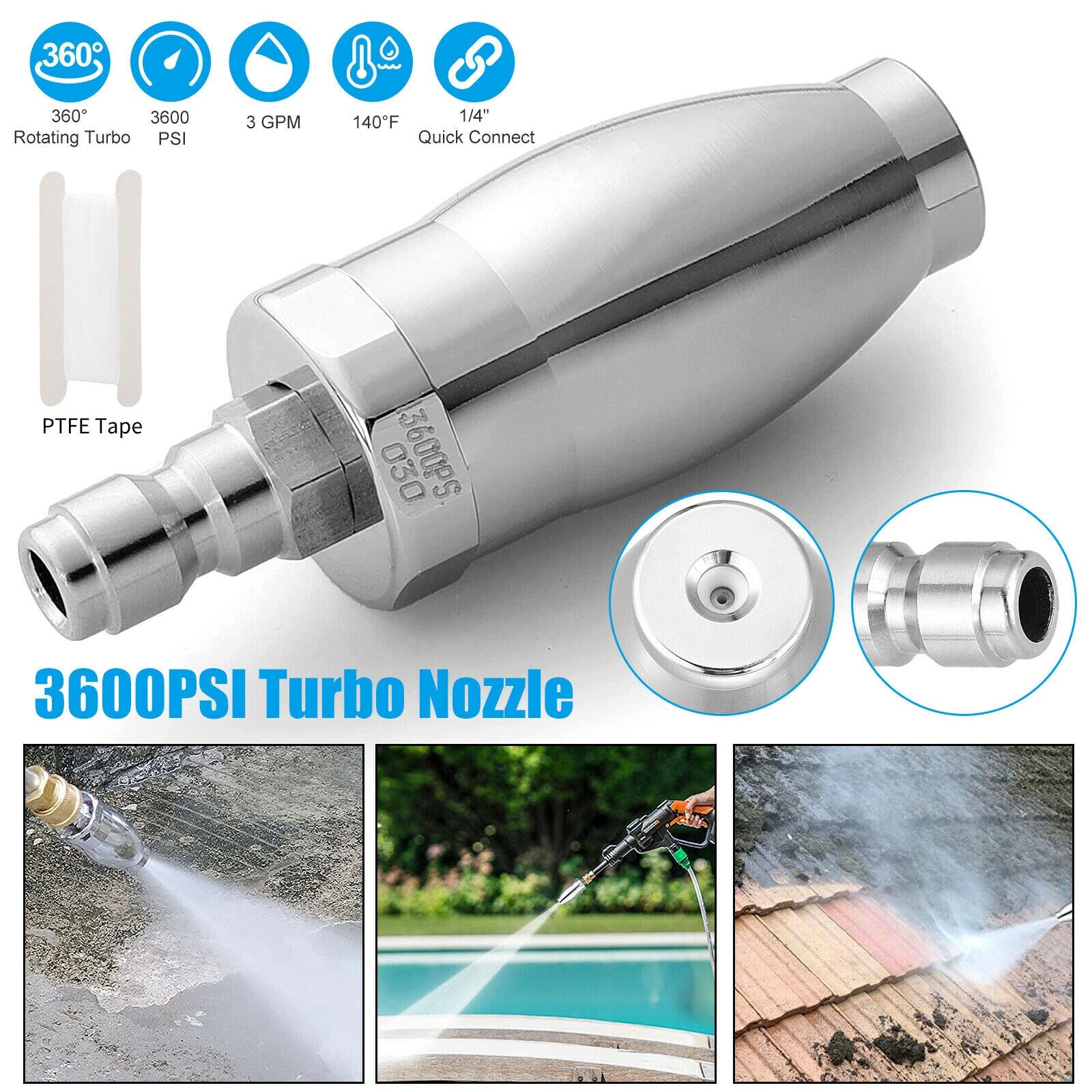 High Pressure Washer 3600PSI Rotating Turbo Nozzle Spray Tip 3.0 GPM 1/4” Quick