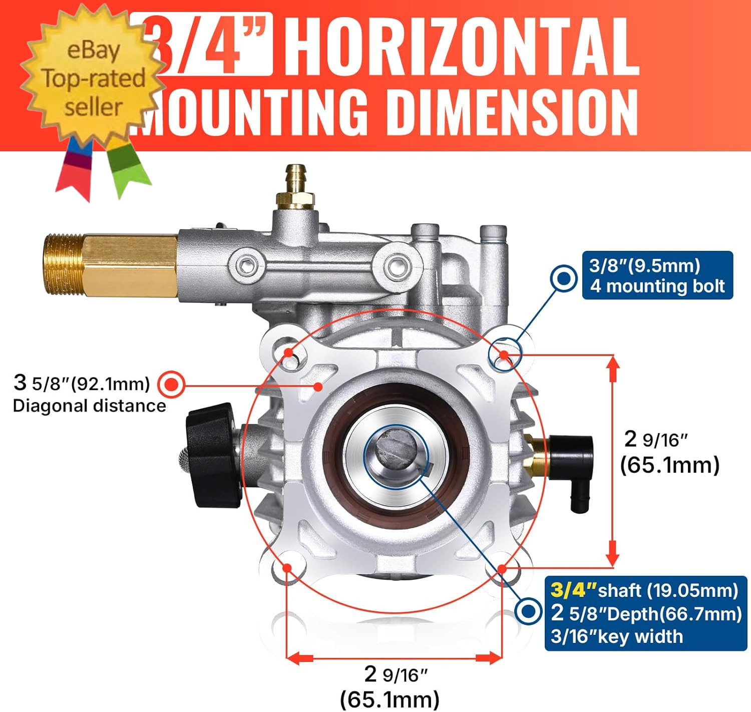 Horizontal 3/4″ Shaft Pressure Washer Pump 3400 PSI 2.5 GPM | Fits Honda GC160 G