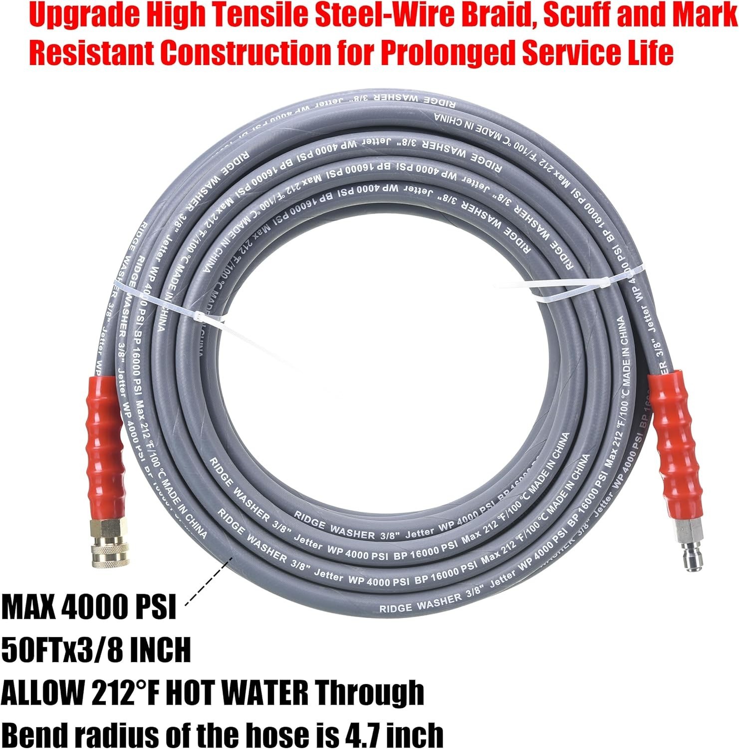 Heavy-Duty 50ft Pressure Washer Hose 3/8″ 4000 PSI Hot/Cold Water Rubber