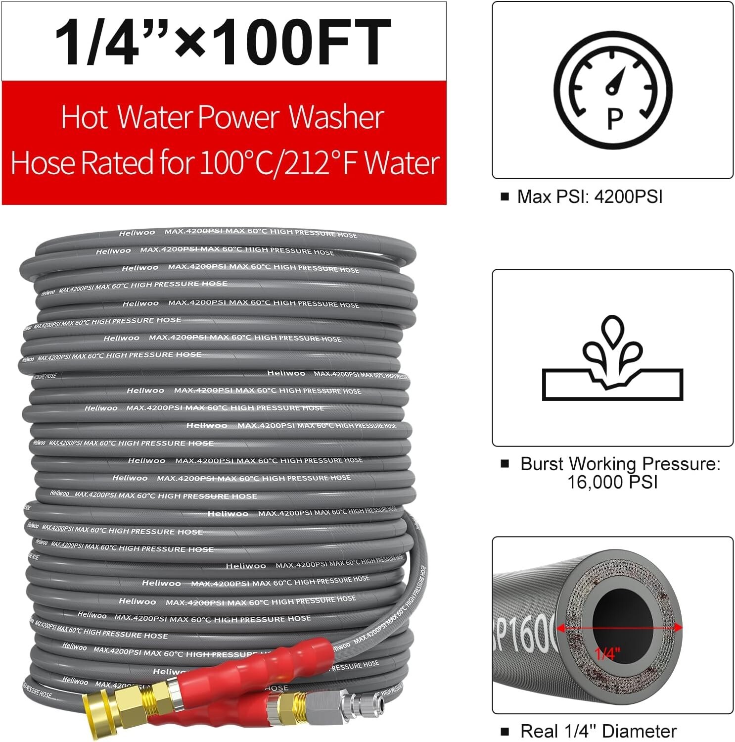 Heliwoo 100FT 4200PSI Pressure Washer Hose 1/4″ Flexible Wire Extension Hose