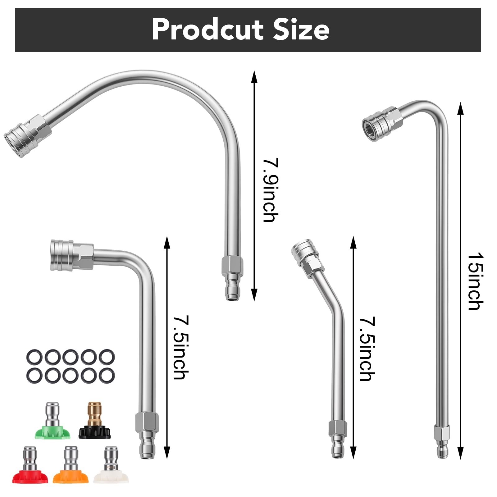 4000 PSI Pressure Washer Extension Wand – 4 Curved Stainless Steel Rods & 5 Nozz