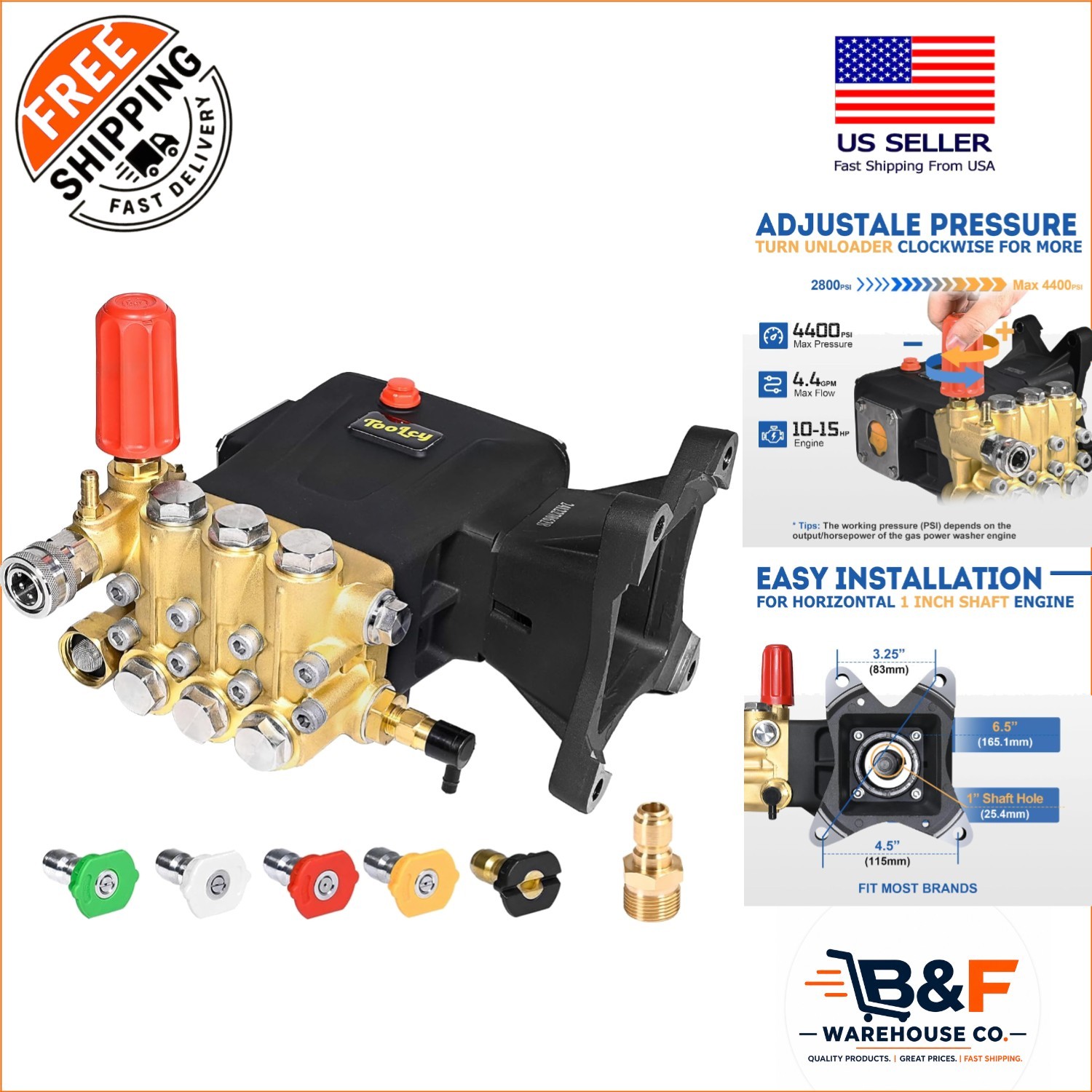 Engine Powered 4400 PSI Pressure Washer Pump | 4.4 GPM with Nozzle Tips Included