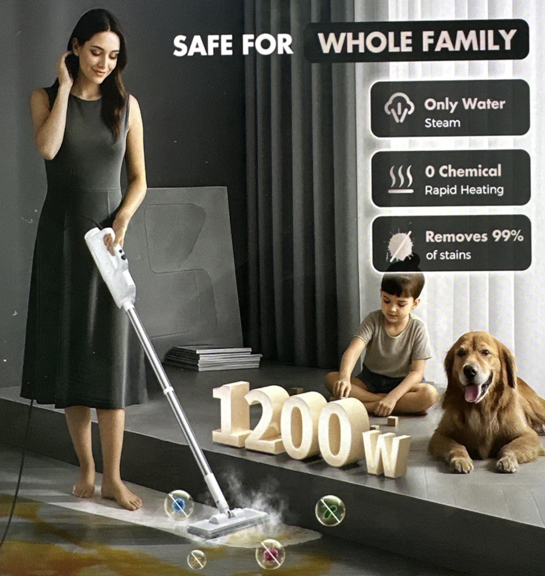 YKYI Steam Mop 30 Speed Level 1200W, 10 in 1 Nozzle 24′, 11 Attachments