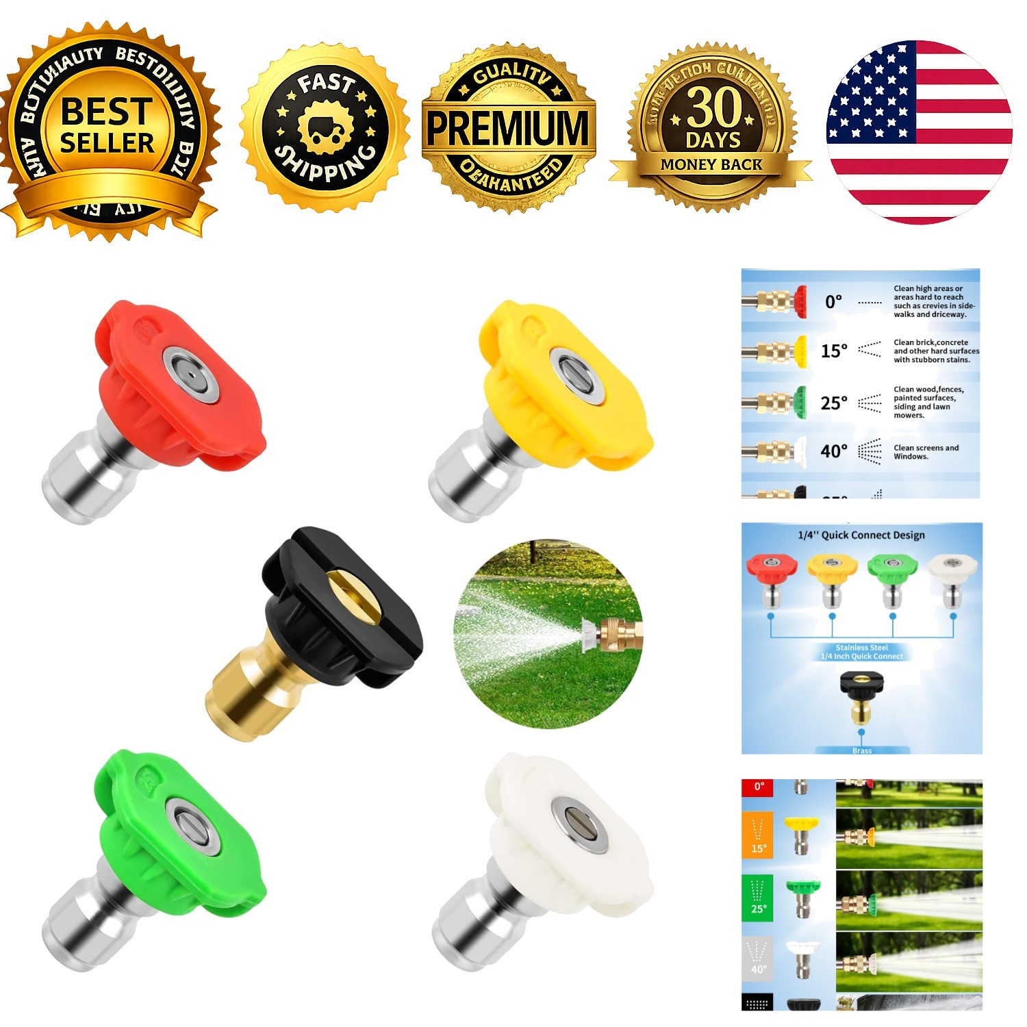 Pressure Washer Nozzle Tips 5 Pack Universal 1/4 Quick Connect 4500 PSI 0 15 25