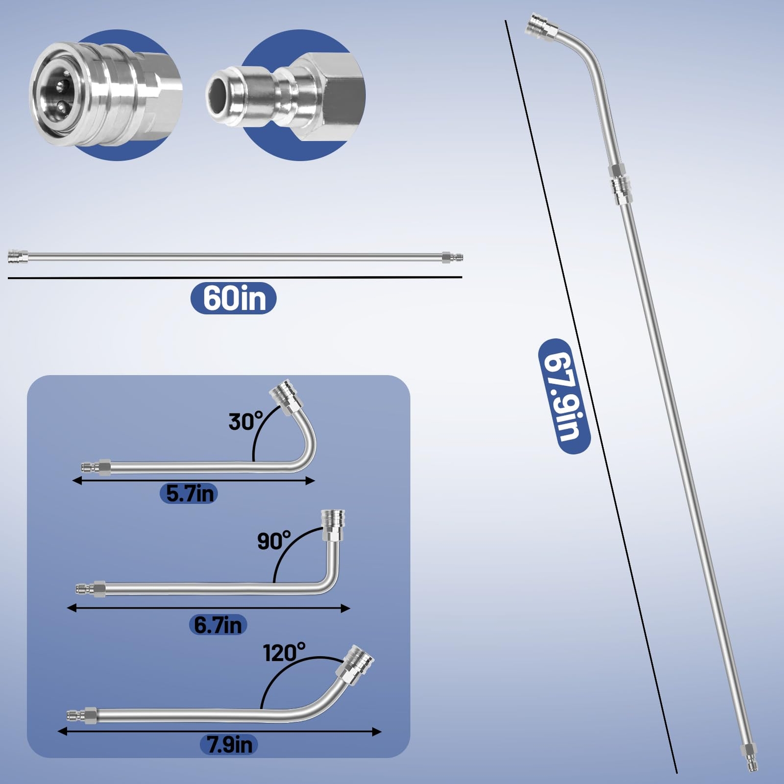 60 Inch Pressure Washer Extension Wand Curved Rods 6 Nozzles 4000 PSI 1/4