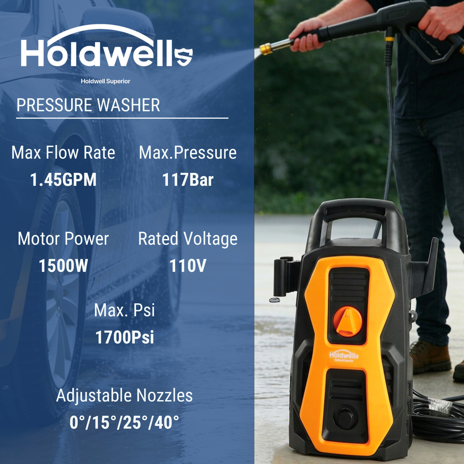 HoldwellS Electric Pressure Washer, 1700 Max PSI 1.76 Max GPM