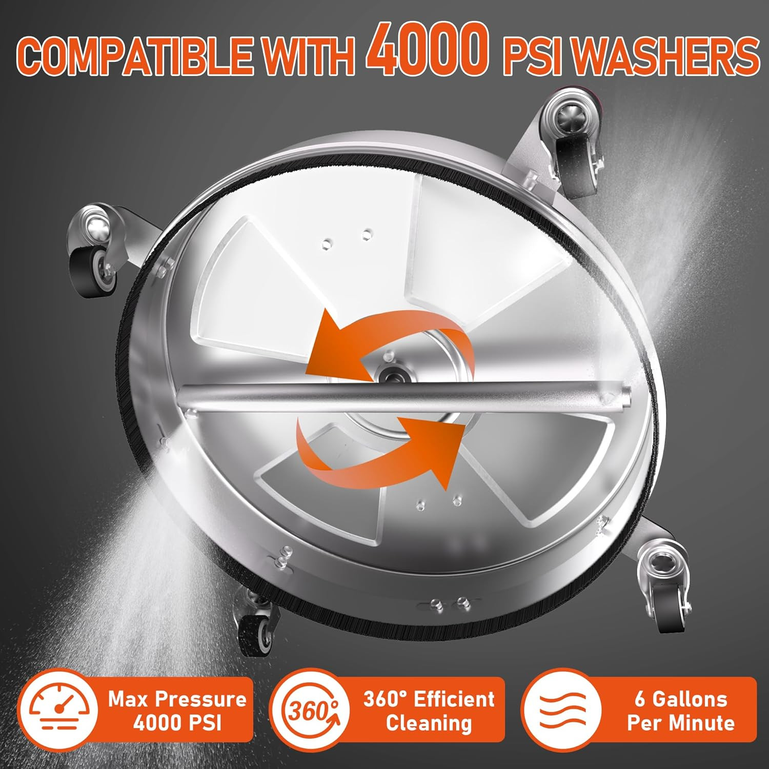 18″ Dual Handle Pressure Washer Surface Cleaner with 4 Wheels, 4000 PSI Max Stai