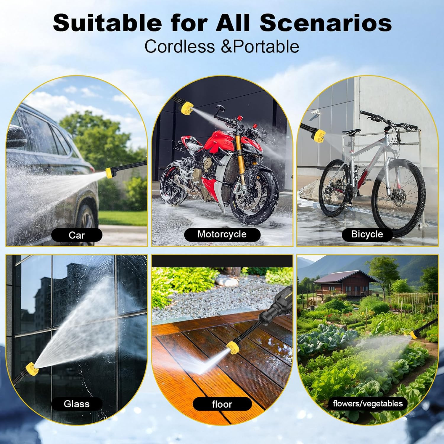 Cordless Portable Pressure Washer 6-in-1 Swivel Nozzle 3-Speed Car Power Cleaner