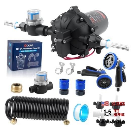12V DC Washdown Pump Kit with 80 PSI 7.5 GPM, 5-Chamber Self Priming Diaphragm
