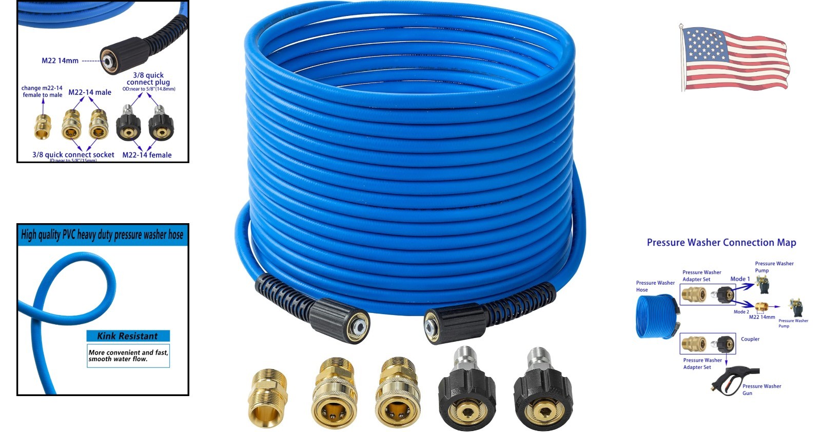 1/4″ X 50 FT High Pressure Washer Hose – Kink Resistant & M22 Compatible