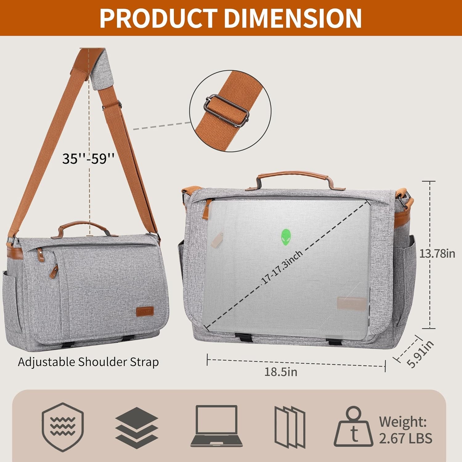 Mens Messenger Bag 17-17.3″ Laptop Canvas Water Resistant Work Grey