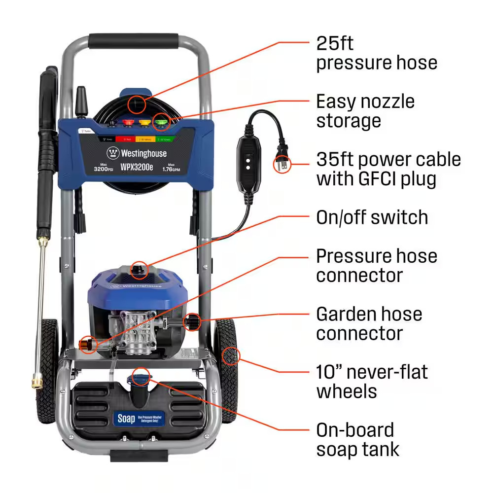 3200 Max PSI 1.76 Max GPM 13 Amp Cold Water Electric Powered Pressure Washer wit