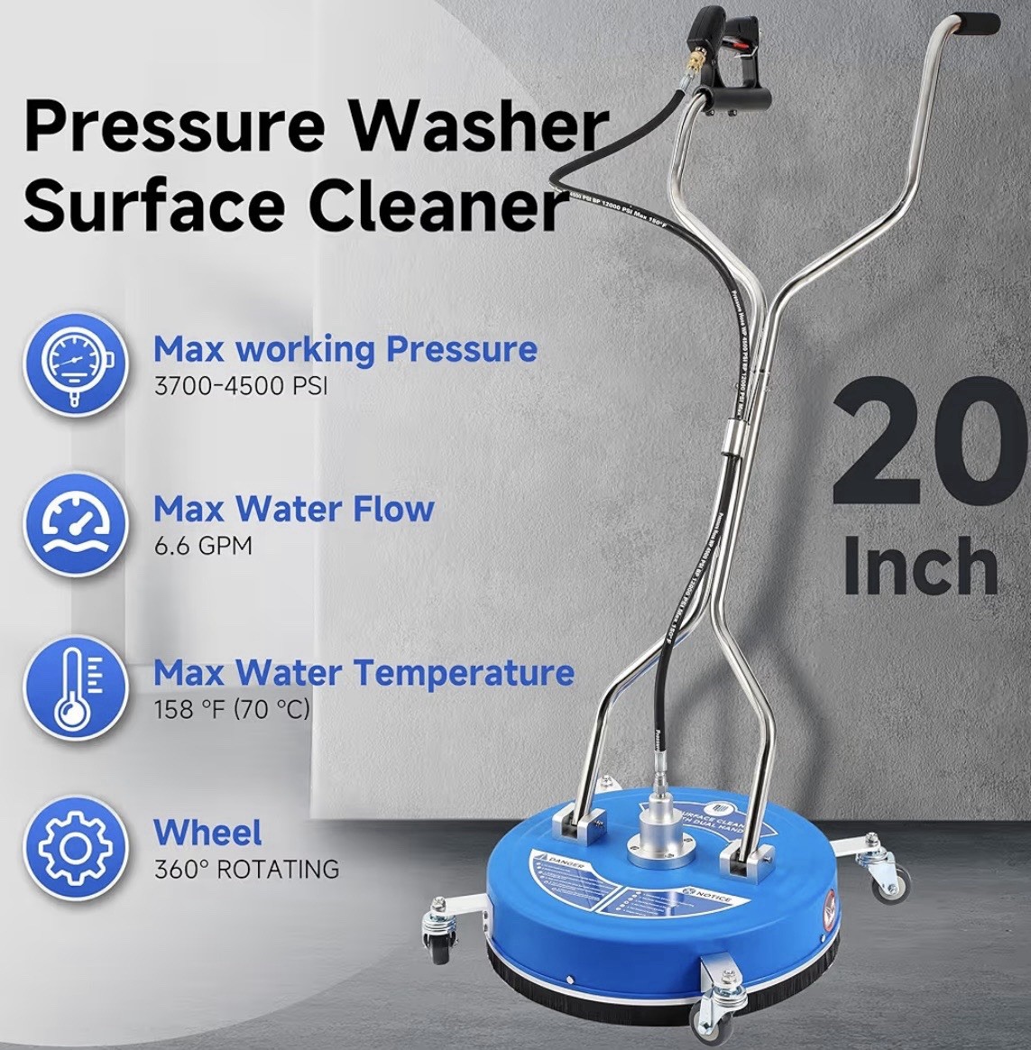 BlackRidge 20in Pressure Washer Surface Cleaner 3700-4500 PSI 360 Wheels
