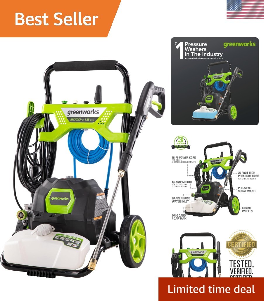 2000 PSI 1.2 GPM Electric Pressure Washer, Steel Wand, On-Board Soap Tank 25°…